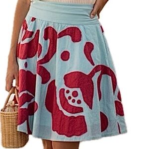 Odille by Anthropologie Blue Skirt with Red Poppy Floral Patches Skirt XS